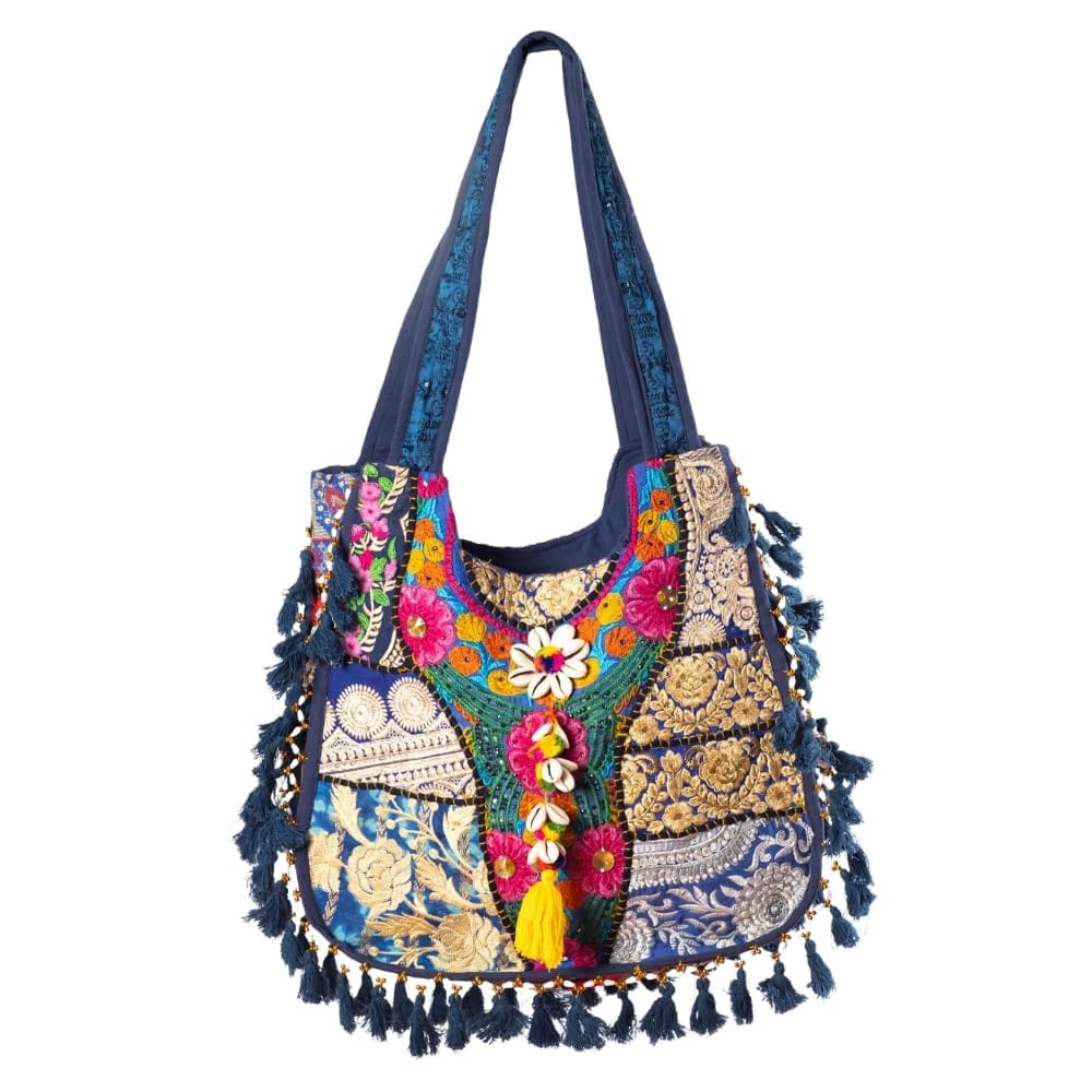 Handwork Cotton Rope Crossbody Handbag, Bohemian Patchwork Embroidered Tote, Blue Summer Beach Shoulder Handbag for Women, Ladies