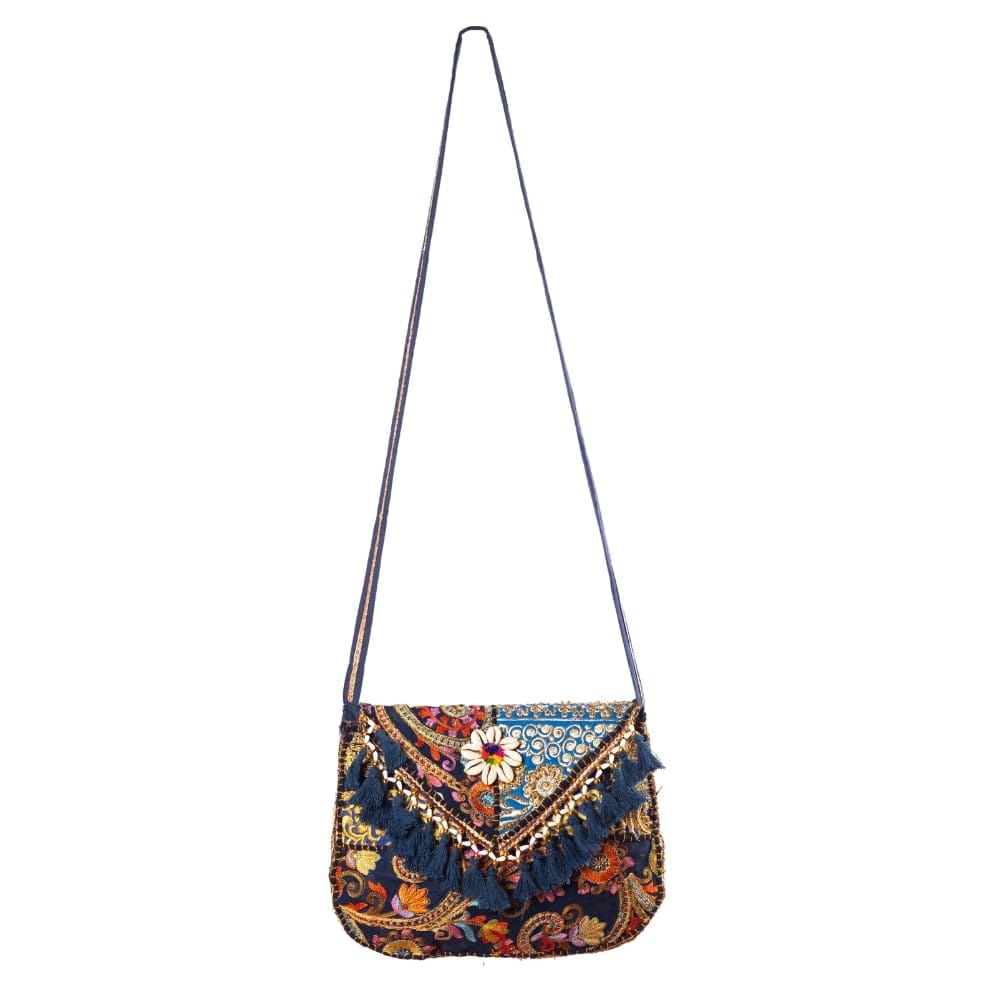 Handmade Embroidered Mini Sling Bag with Tassels, Boho Chic Small Shoulder Bag