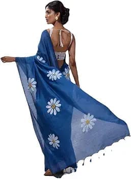  Blue Linen Saree With Hand Painted White Daisy Flowers And Tassels - Sarees | Buy online on ZillyBuy