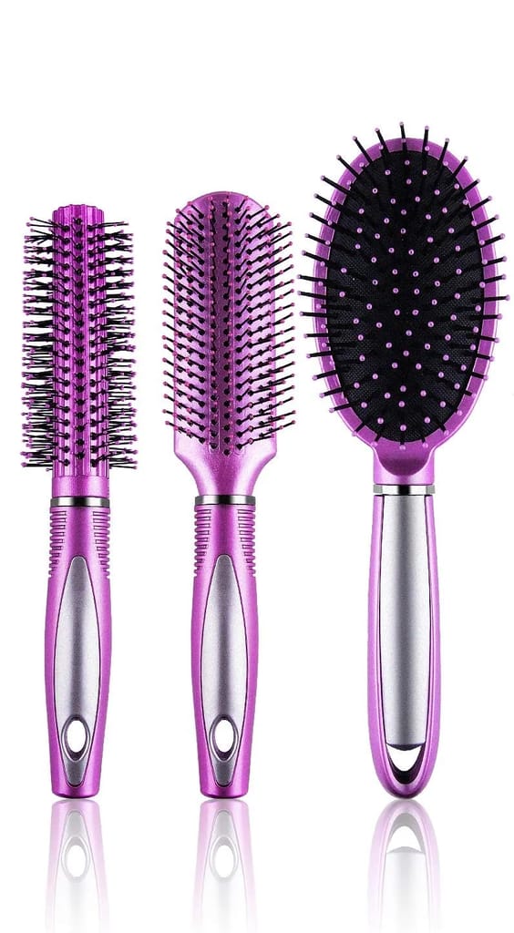 Hair Brush Set, 3 Pieces, Pink Plastic Bristles, Oval and Round Shapes