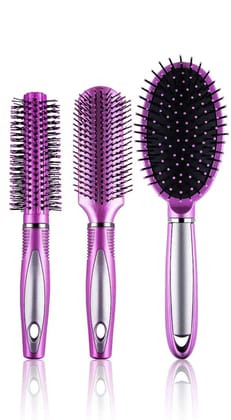 Hair Brush Set, 3 Pieces, Pink Plastic Bristles, Oval and Round Shapes