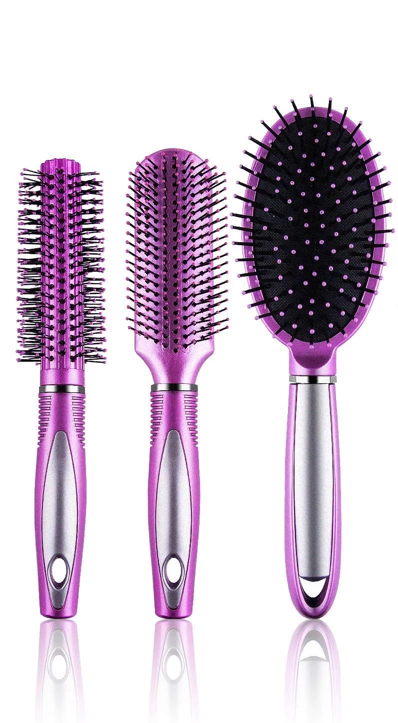 Hair Brush Set, 3 Pieces, Pink Plastic Bristles, Oval and Round Shapes