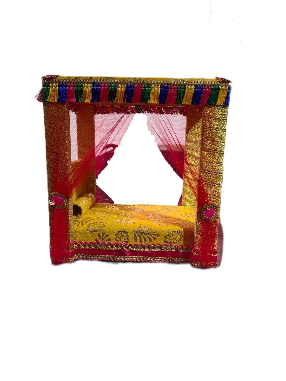 Wooden Bed for Laddu Gopal Ji, Size 6 * 8 * 8 inch (0-3 No) (Design May Very) (Red & Yellow Frame)