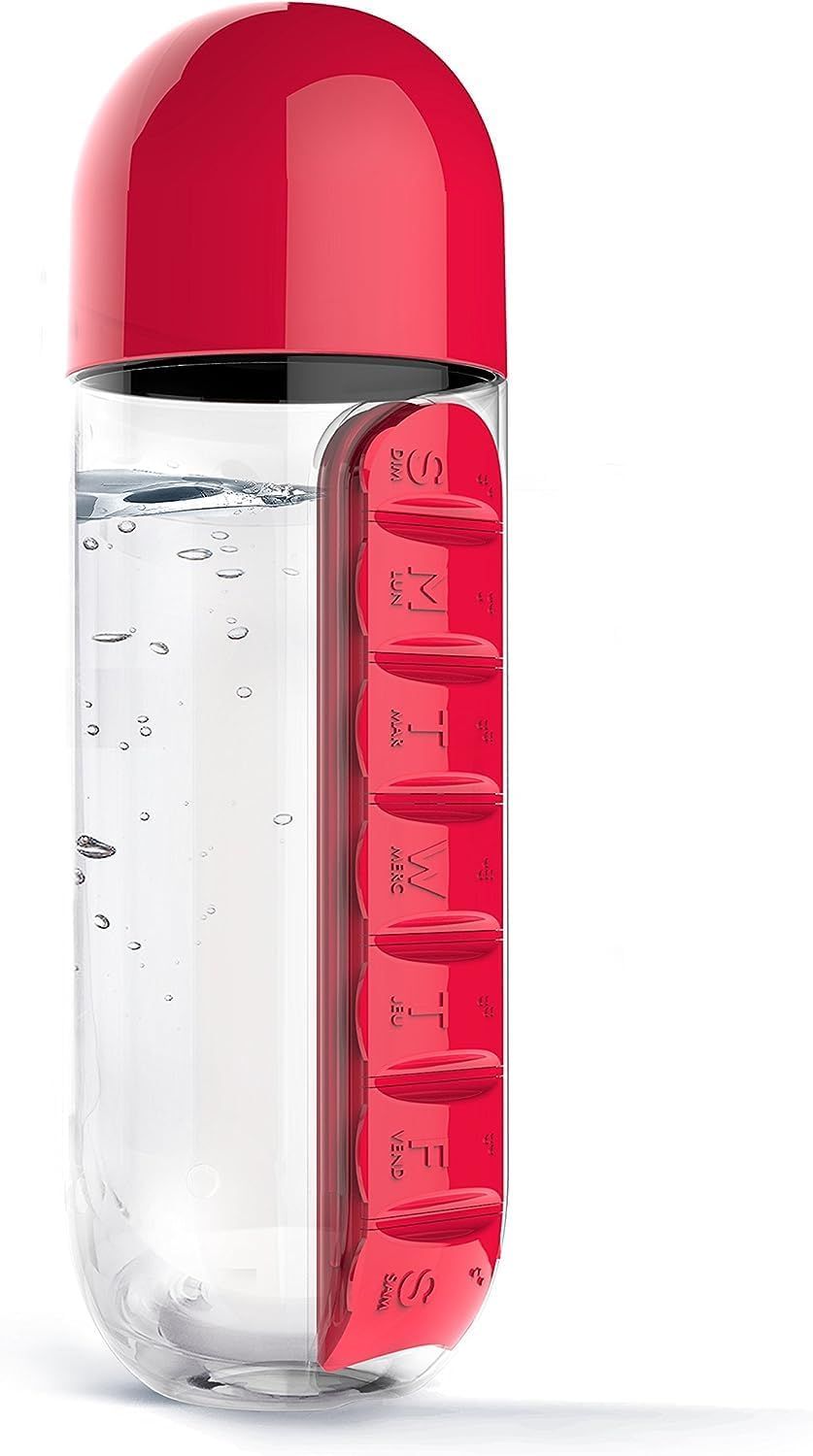 Pill Box Organizer with Water Bottle, Medicine Storage Box and Water Bottle Combination for Outdoor, Gym, Travel 600ML
