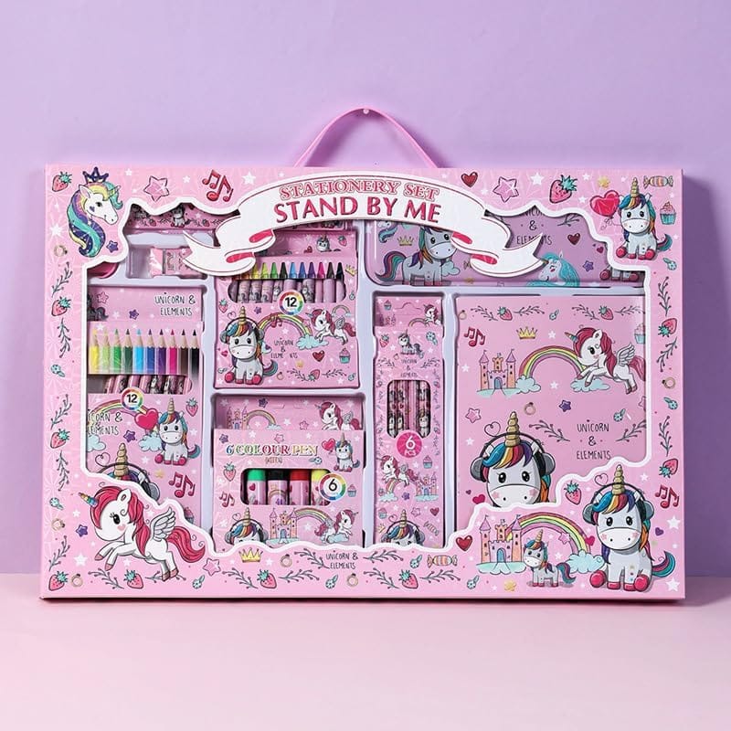 Unicorn Stationery Set for Kids, Pink Art Supply Kit with Coloured Pencils, Crayons, Markers and Drawing Accessories