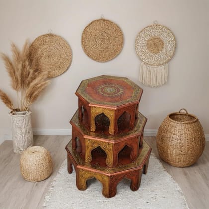 Wooden Octagon Bajot, Hand-Painted Decorative Chowki Set, 3 Pieces, for Home and Pooja