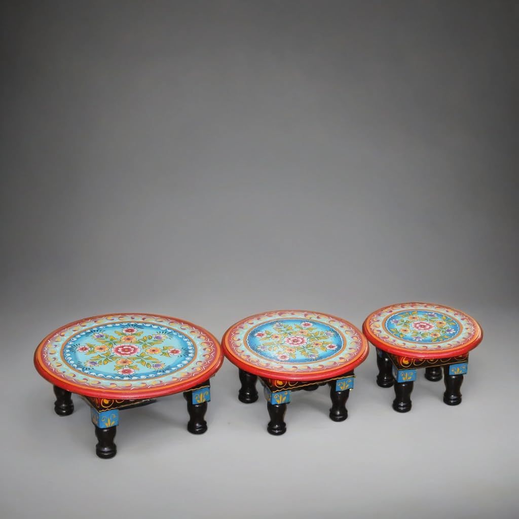Hand-Painted Wooden Bajot Set, Traditional Round Chowki Table for Pooja, 3 Pieces, Decorative