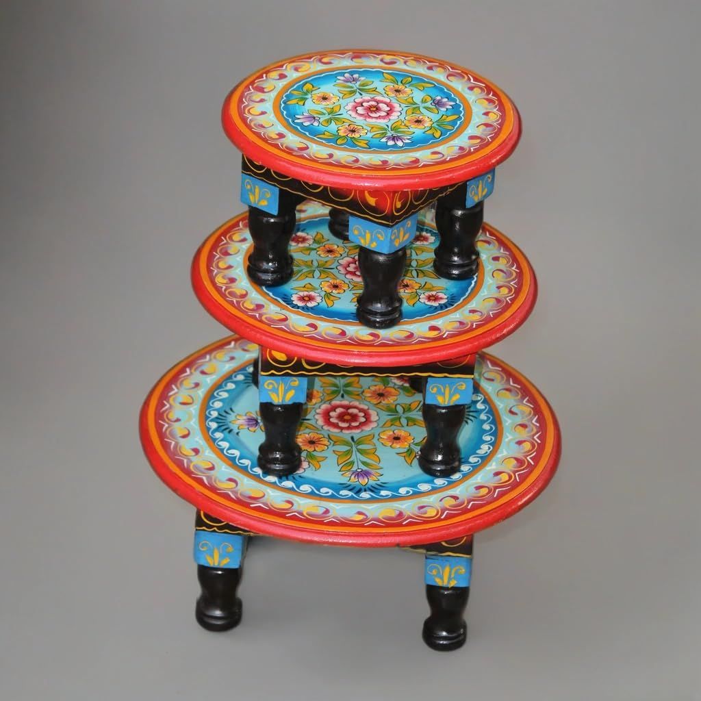 Hand-Painted Wooden Bajot Set, Traditional Round Chowki Table for Pooja, 3 Pieces, Decorative