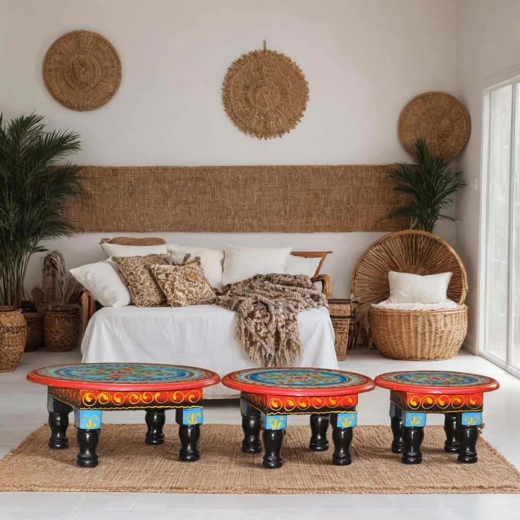 Hand-Painted Wooden Bajot Set, Traditional Round Chowki Table for Pooja, 3 Pieces, Decorative