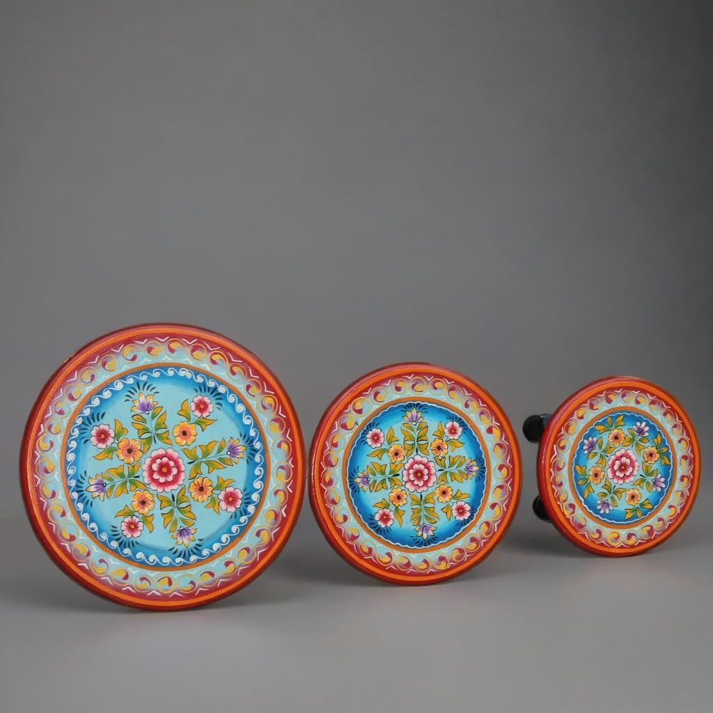 Hand-Painted Wooden Bajot Set, Traditional Round Chowki Table for Pooja, 3 Pieces, Decorative