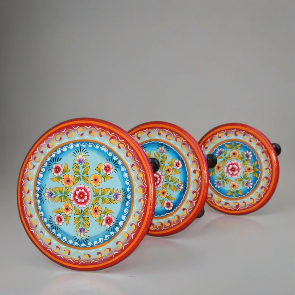Hand-Painted Wooden Bajot Set, Traditional Round Chowki Table for Pooja, 3 Pieces, Decorative