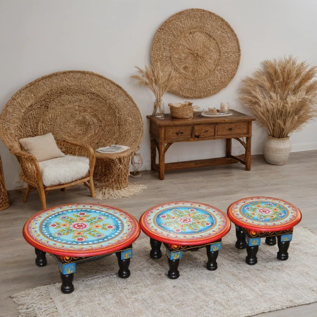 Hand-Painted Wooden Bajot Set, Traditional Round Chowki Table for Pooja, 3 Pieces, Decorative