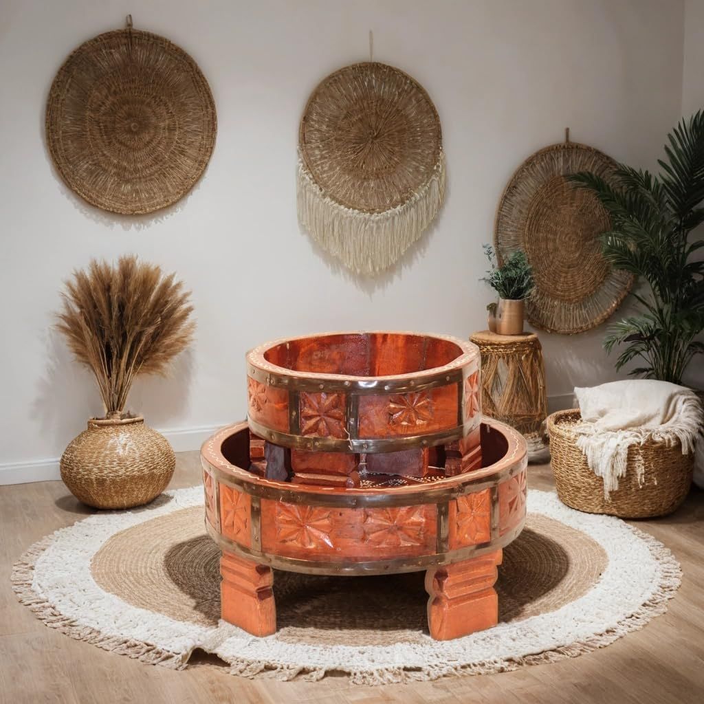 Floral Design Wooden Chowki Set, Traditional Wooden Pooja Chowki Set Brown Colour Decorative Wooden Chowki Set of 2 (Brown)