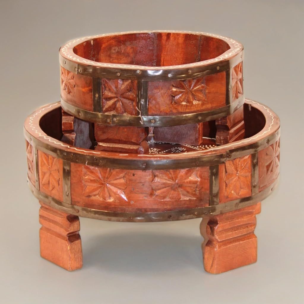 Floral Design Wooden Chowki Set, Traditional Wooden Pooja Chowki Set Brown Colour Decorative Wooden Chowki Set of 2 (Brown)