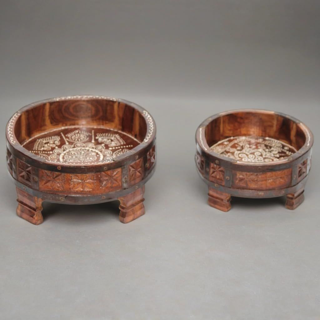 Floral Design Wooden Chowki Set, Traditional Wooden Pooja Chowki Set Brown Colour Decorative Wooden Chowki Set of 2 (Brown)