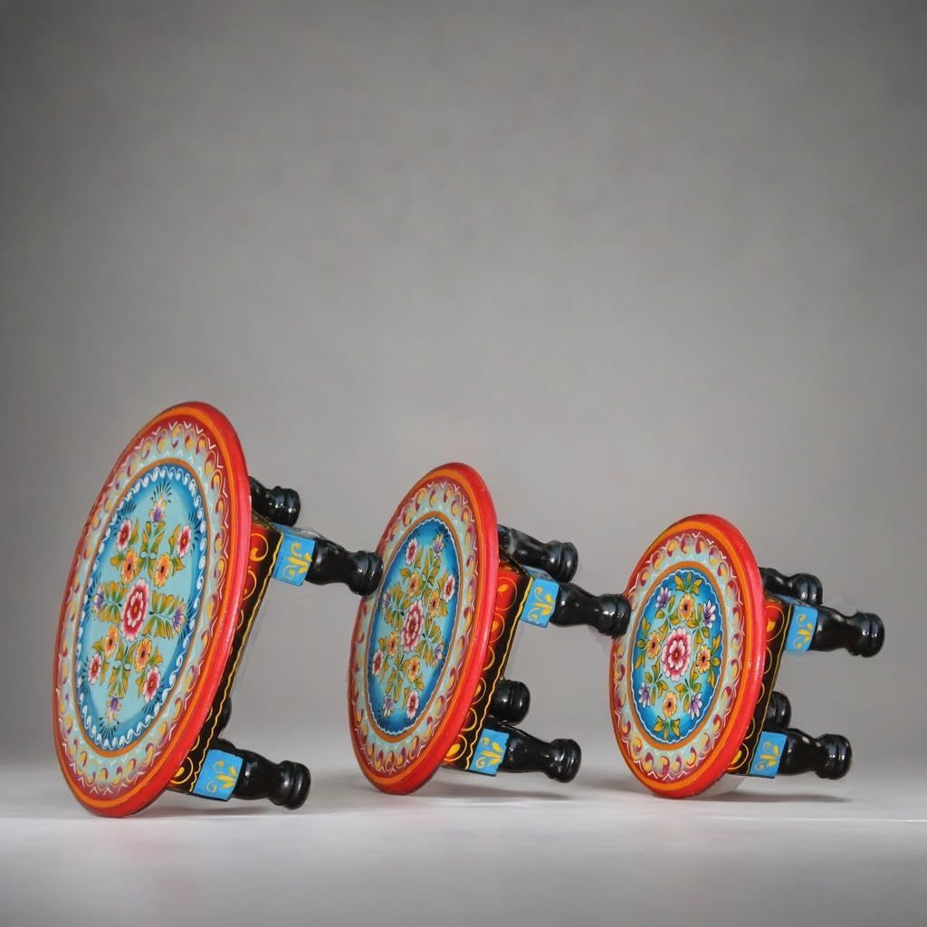 Hand-Painted Wooden Bajot Set, Traditional Round Chowki Table for Pooja, 3 Pieces, Decorative