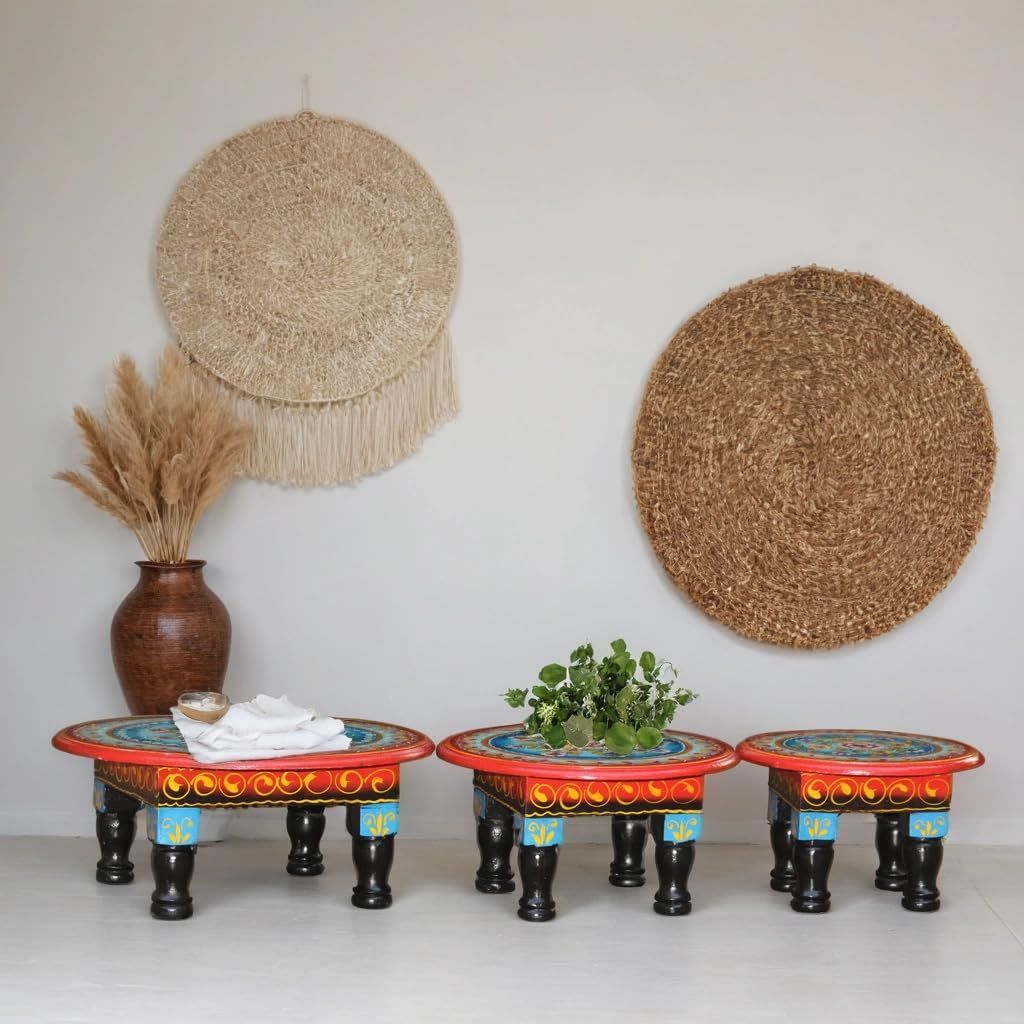 Hand-Painted Wooden Bajot Set, Traditional Round Chowki Table for Pooja, 3 Pieces, Decorative