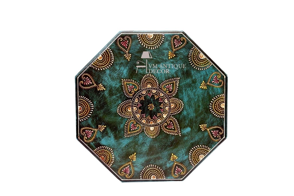 Handcrafted Octagonal Wooden Platform Set, 3 Pieces Traditional Rajasthani Art- Pooja Choki Set