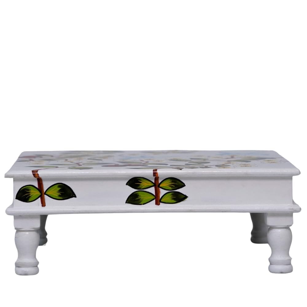 Wooden Painted Pooja Bajot Chowki Table with Floral and Bird Motif, White Base Perfect for Home Decor