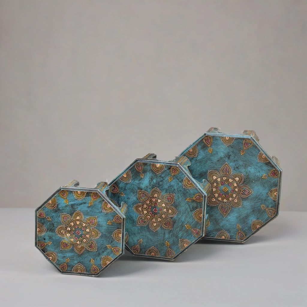 Handcrafted Octagonal Wooden Platform Set, 3 Pieces Traditional Rajasthani Art- Pooja Choki Set