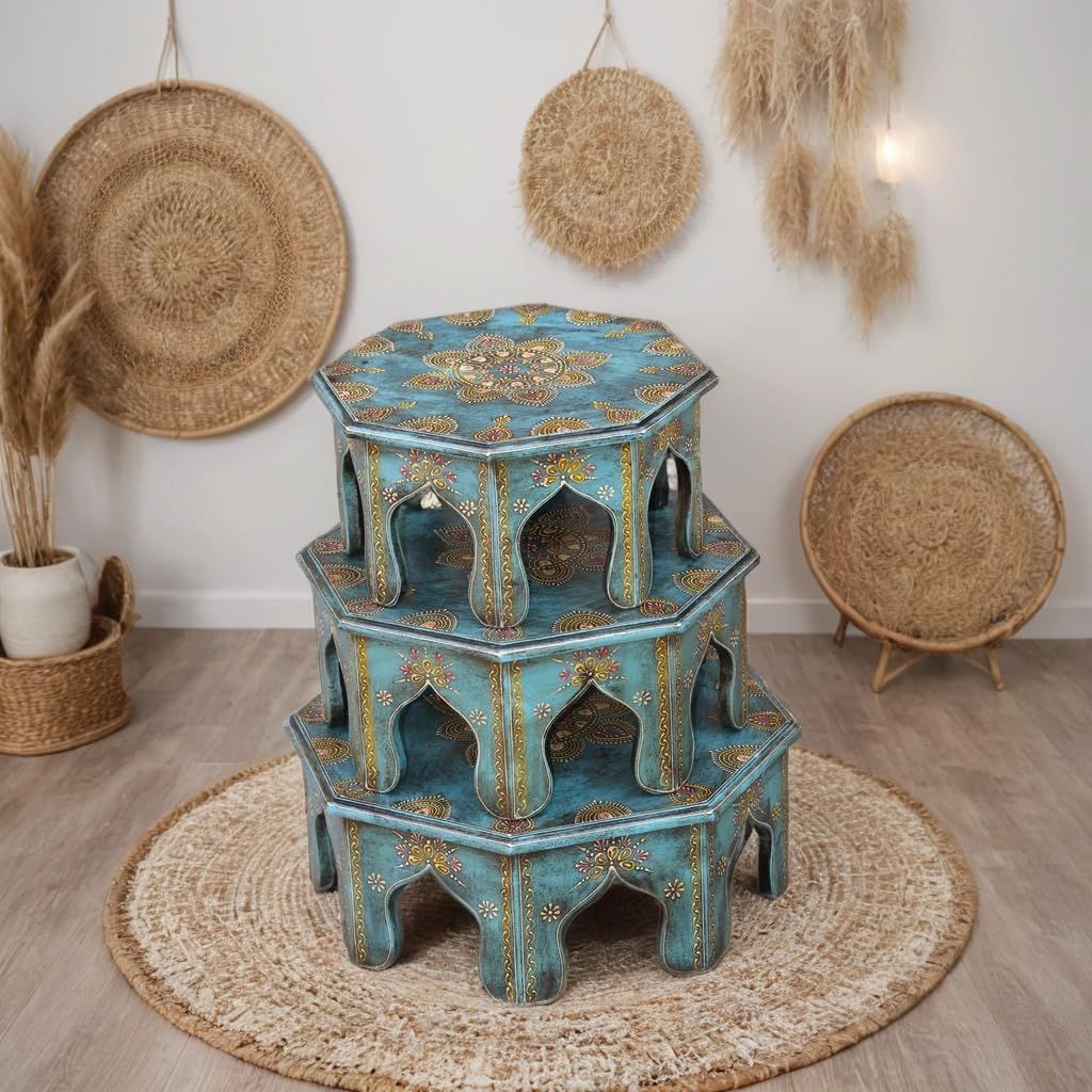 Handcrafted Octagonal Wooden Platform Set, 3 Pieces Traditional Rajasthani Art- Pooja Choki Set