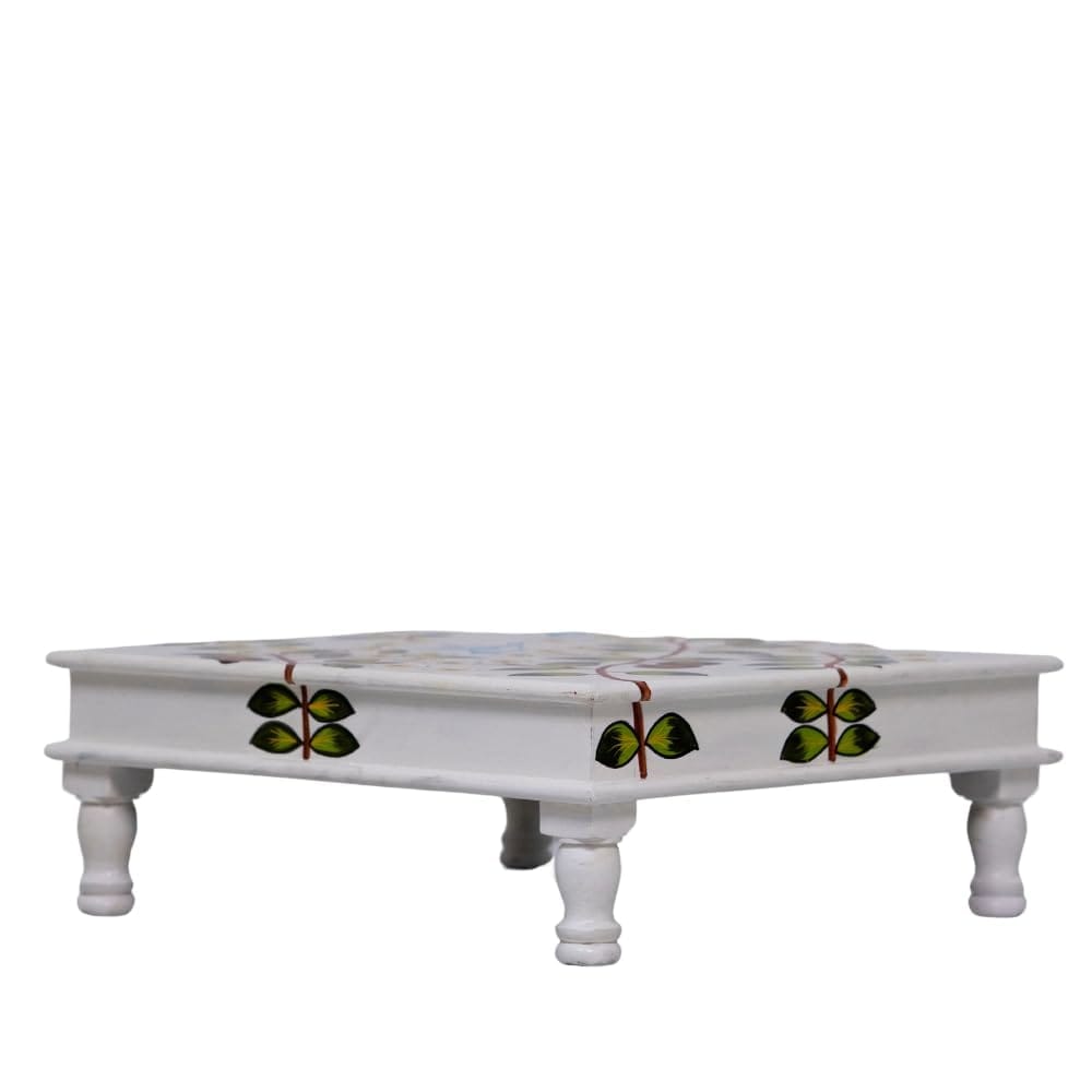 Wooden Painted Pooja Bajot Chowki Table with Floral and Bird Motif, White Base Perfect for Home Decor