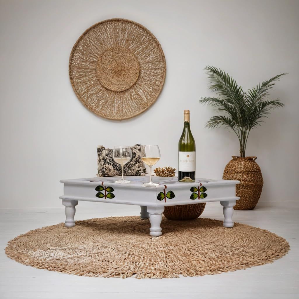 Wooden Painted Pooja Bajot Chowki Table with Floral and Bird Motif, White Base Perfect for Home Decor