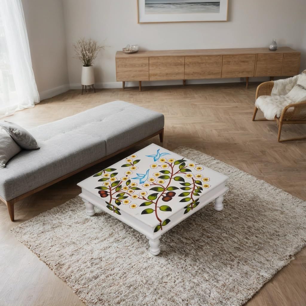 Wooden Painted Pooja Bajot Chowki Table with Floral and Bird Motif, White Base Perfect for Home Decor