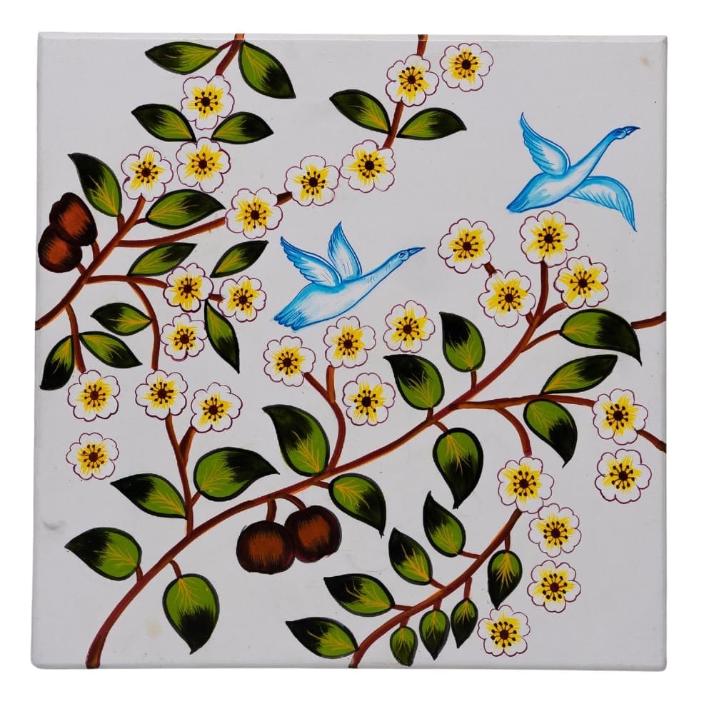 Wooden Painted Pooja Bajot Chowki Table with Floral and Bird Motif, White Base Perfect for Home Decor