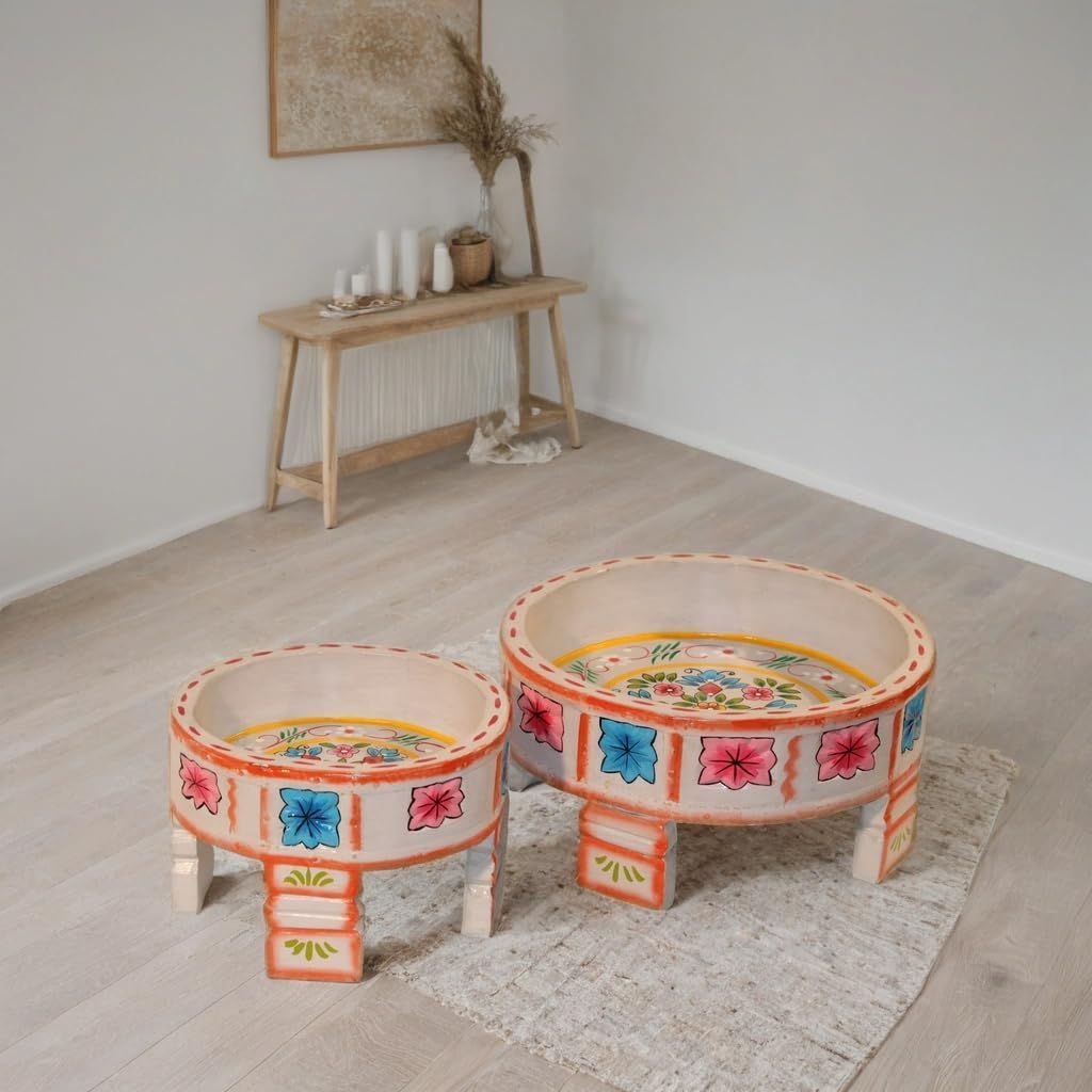 Floral Design Wooden Chowki Set, Traditional Wooden Pooja Chowki Set-Grey Colour Decorative Wooden Chowki Set of 2 (Grey)