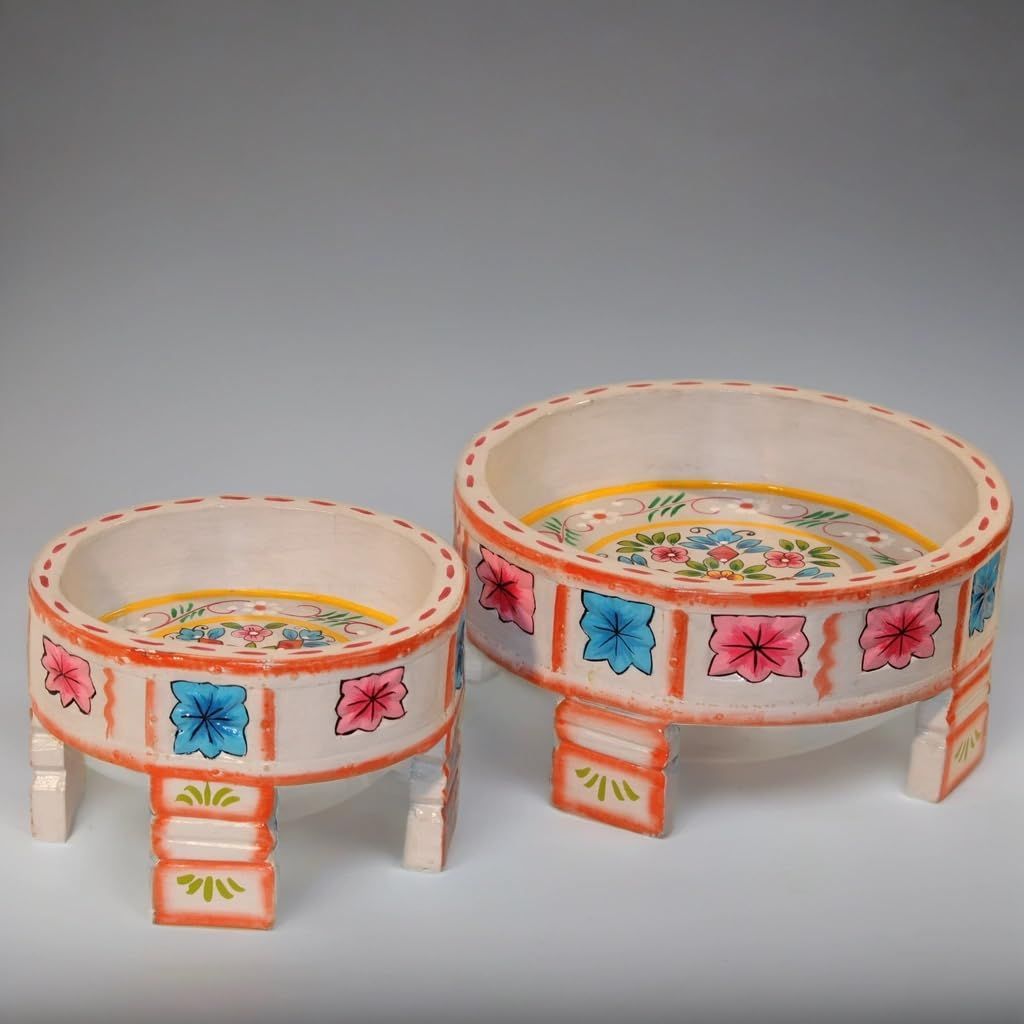 Floral Design Wooden Chowki Set, Traditional Wooden Pooja Chowki Set-Grey Colour Decorative Wooden Chowki Set of 2 (Grey)