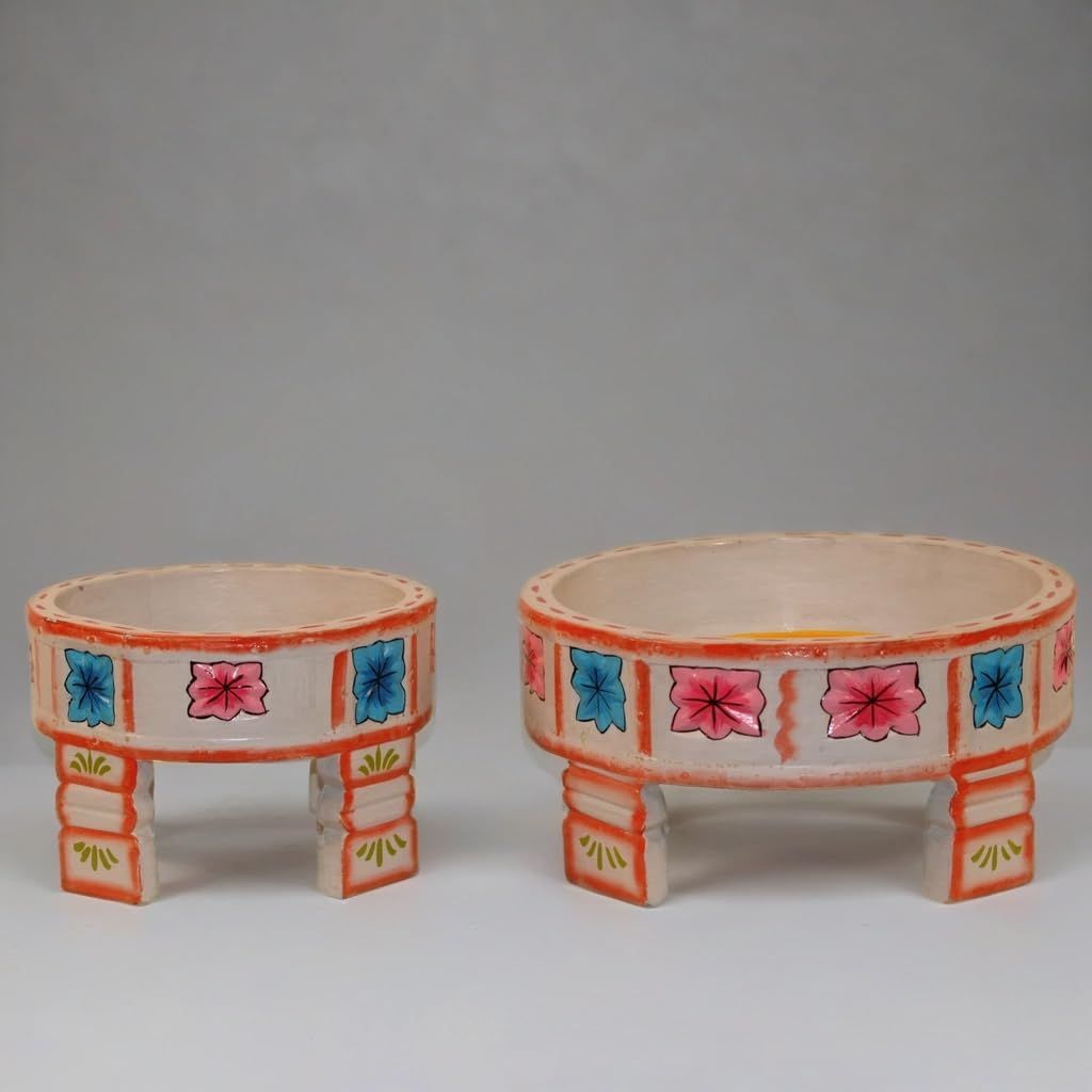 Floral Design Wooden Chowki Set, Traditional Wooden Pooja Chowki Set-Grey Colour Decorative Wooden Chowki Set of 2 (Grey)