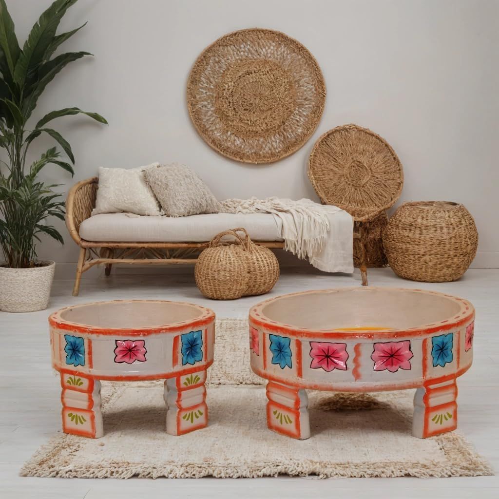 Floral Design Wooden Chowki Set, Traditional Wooden Pooja Chowki Set-Grey Colour Decorative Wooden Chowki Set of 2 (Grey)