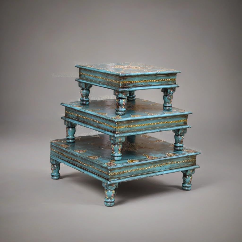Elegant Wooden Pooja Platform Set, Hand-Painted Decorative Chowki Bajot Set, 3 Pieces