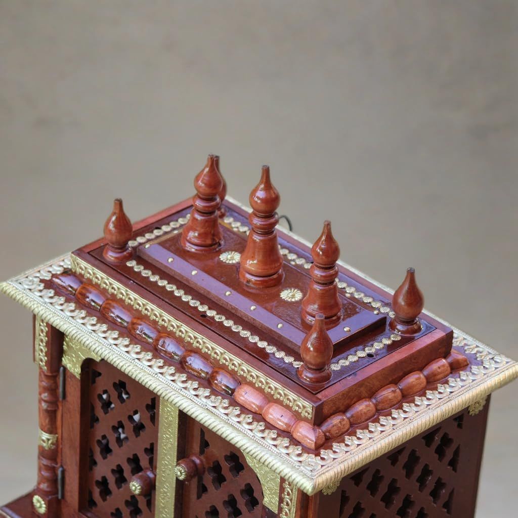 Wooden Temple for Home, Handcrafted Pooja Mandir with Brass Work, Light Red Natural Finish