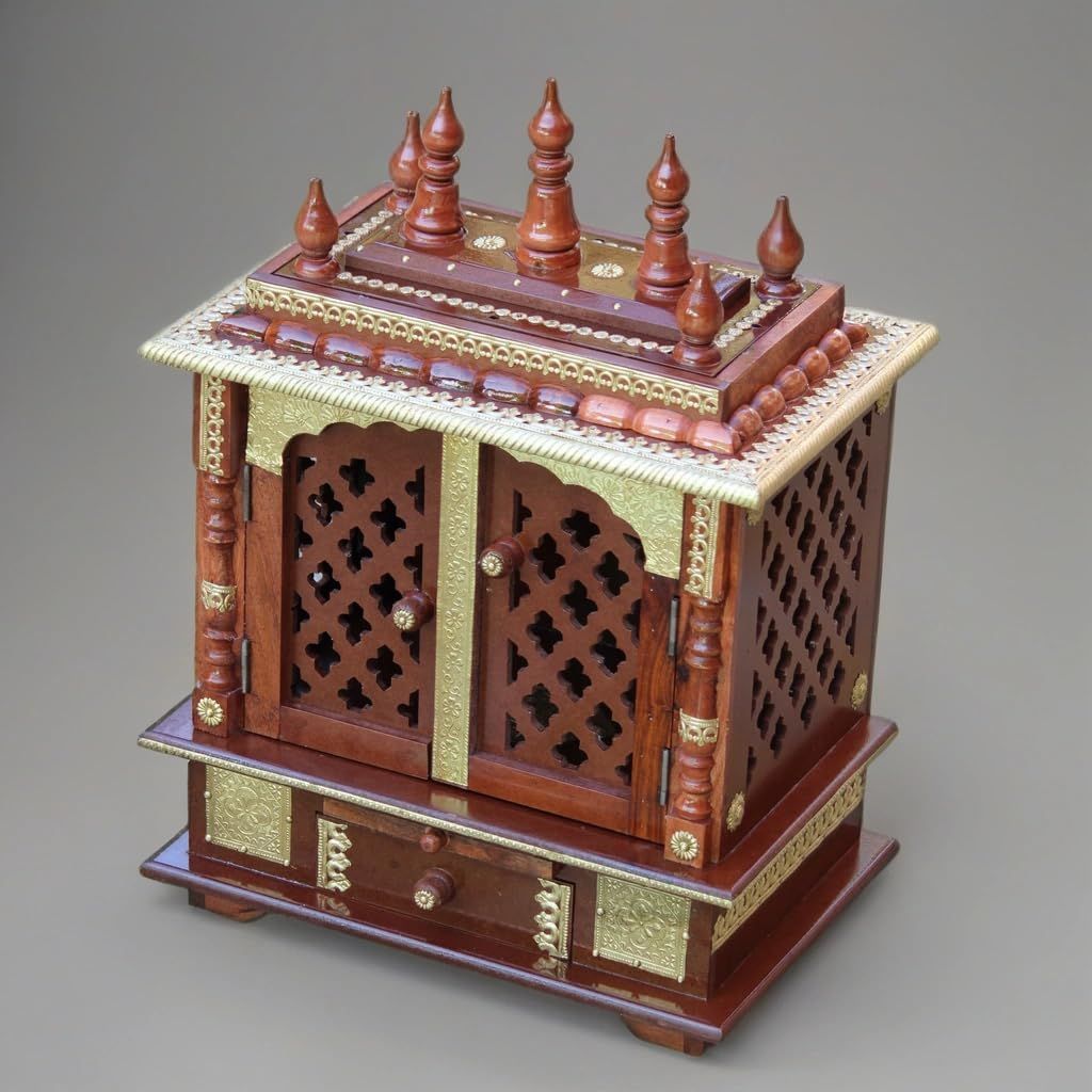 Wooden Temple for Home, Handcrafted Pooja Mandir with Brass Work, Light Red Natural Finish