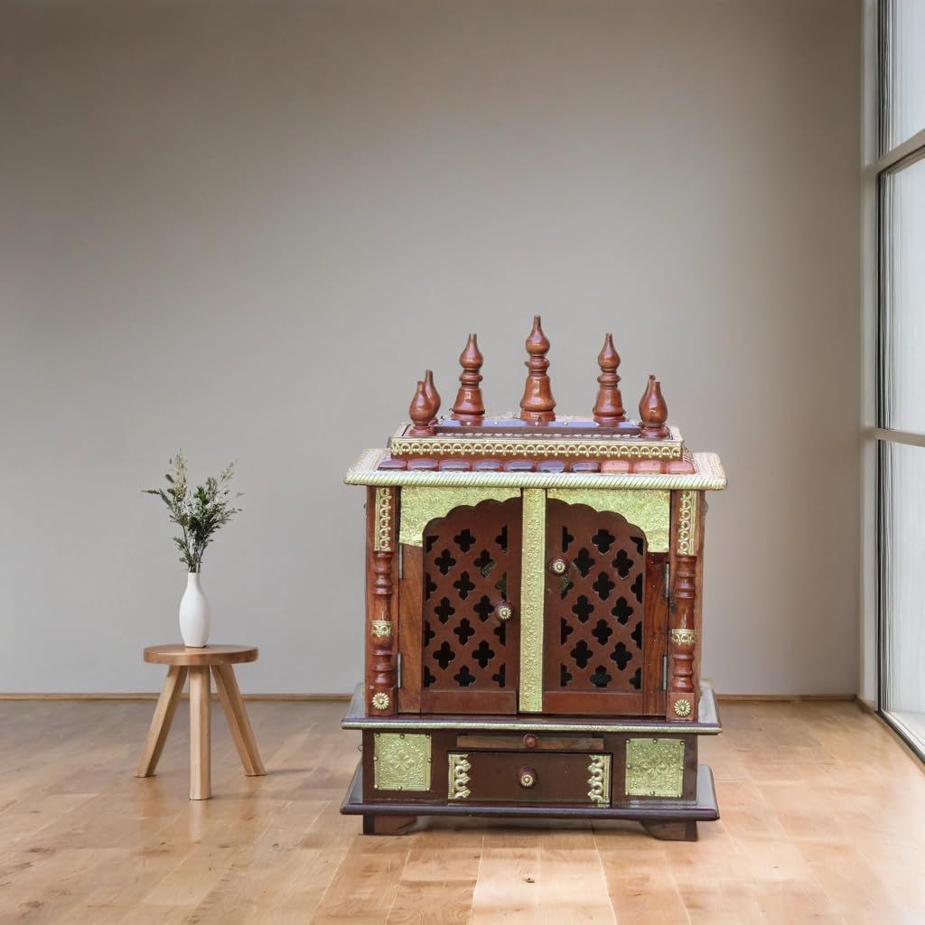 Wooden Temple for Home, Handcrafted Pooja Mandir with Brass Work, Light Red Natural Finish