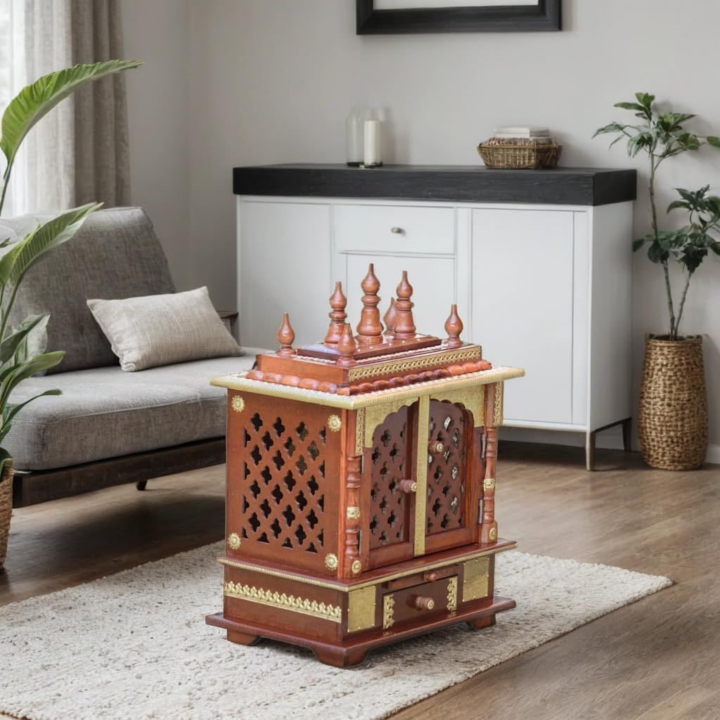 Wooden Temple for Home, Handcrafted Pooja Mandir with Brass Work, Light Red Natural Finish