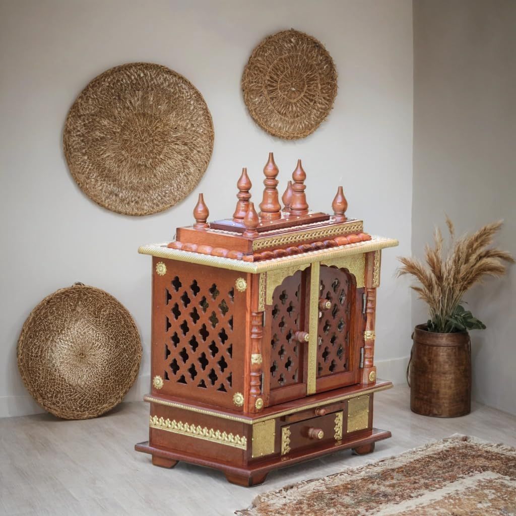 Wooden Temple for Home, Handcrafted Pooja Mandir with Brass Work, Light Red Natural Finish