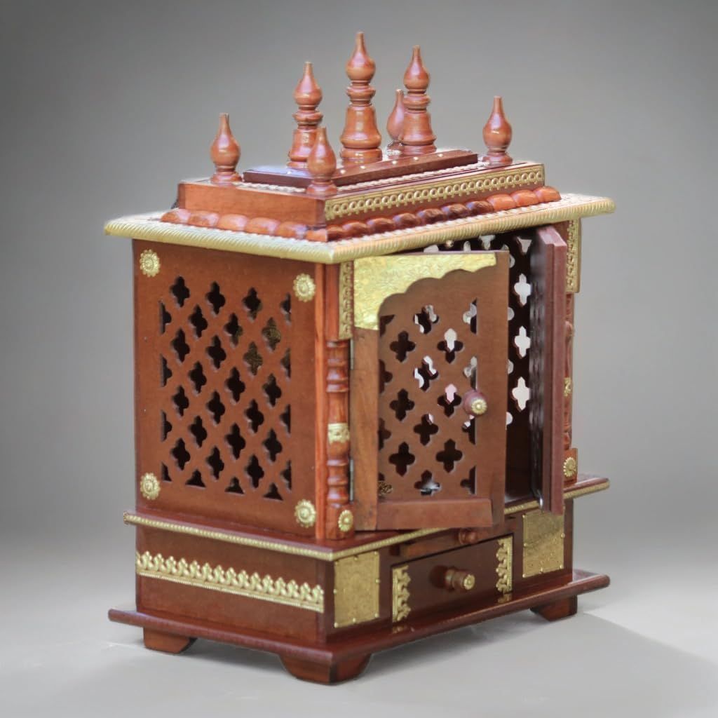 Wooden Temple for Home, Handcrafted Pooja Mandir with Brass Work, Light Red Natural Finish