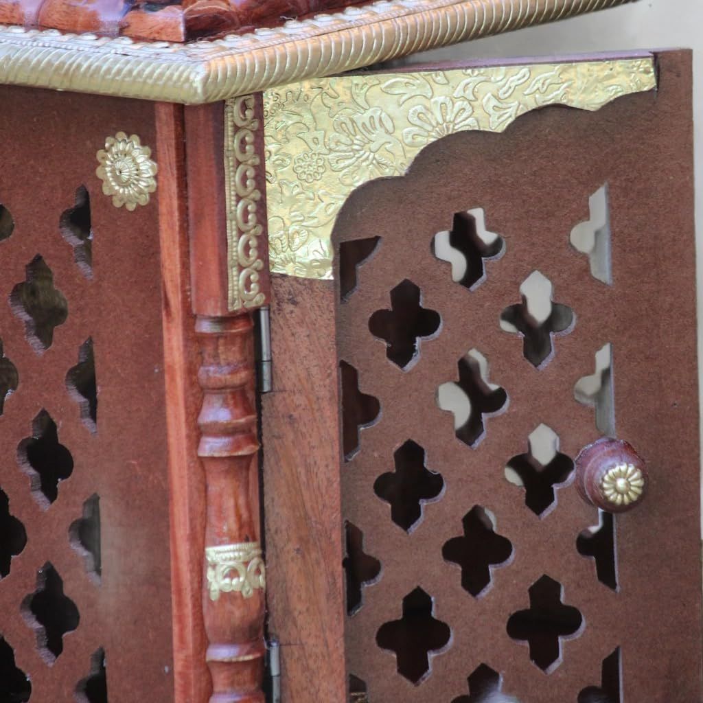 Wooden Temple for Home, Handcrafted Pooja Mandir with Brass Work, Light Red Natural Finish