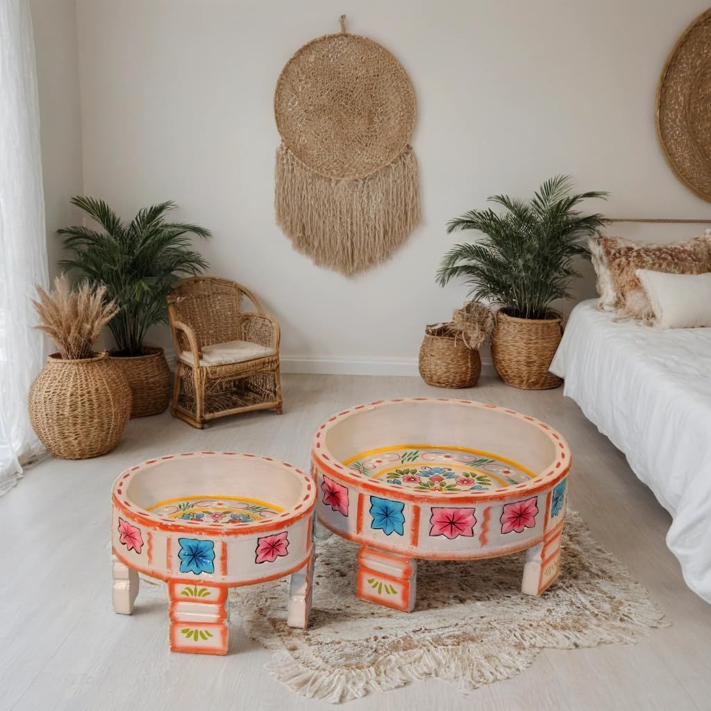 Floral Design Wooden Chowki Set, Traditional Wooden Pooja Chowki Set-Grey Colour Decorative Wooden Chowki Set of 2 (Grey)