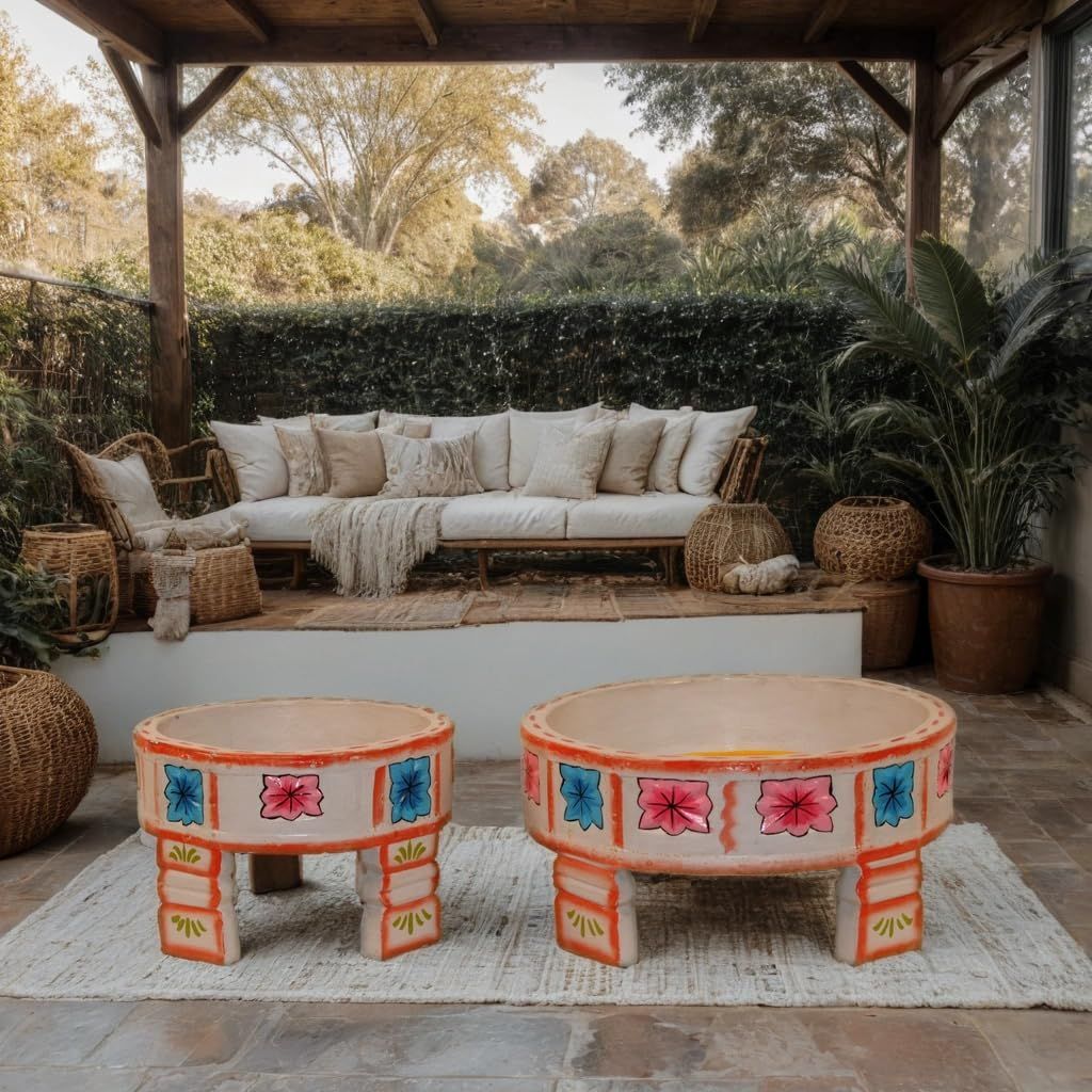 Floral Design Wooden Chowki Set, Traditional Wooden Pooja Chowki Set-Grey Colour Decorative Wooden Chowki Set of 2 (Grey)