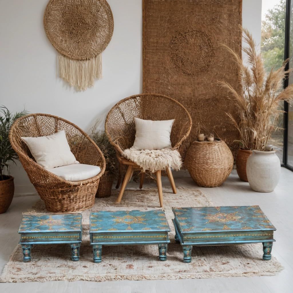 Elegant Wooden Pooja Platform Set, Hand-Painted Decorative Chowki Bajot Set, 3 Pieces