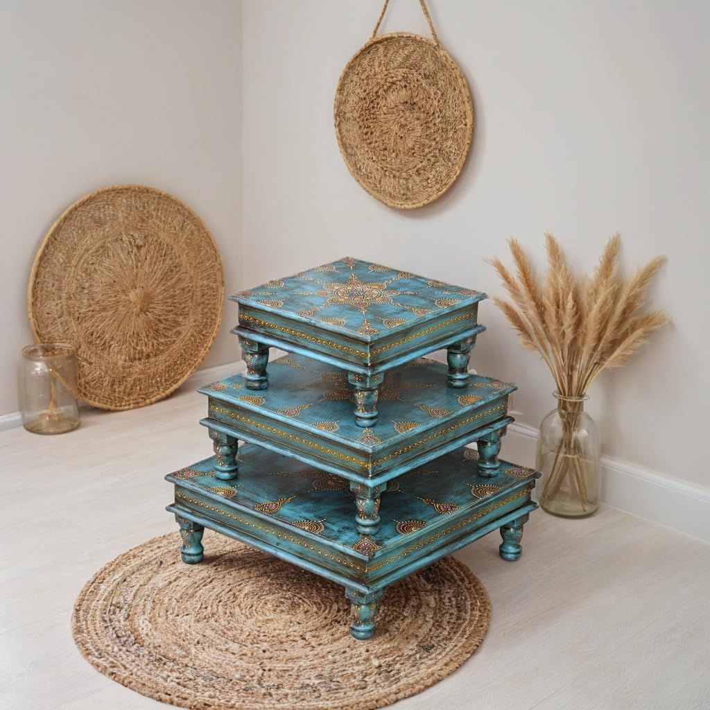 Elegant Wooden Pooja Platform Set, Hand-Painted Decorative Chowki Bajot Set, 3 Pieces