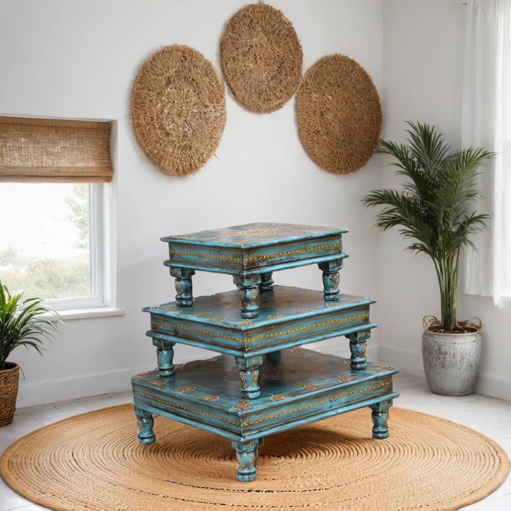 Elegant Wooden Pooja Platform Set, Hand-Painted Decorative Chowki Bajot Set, 3 Pieces