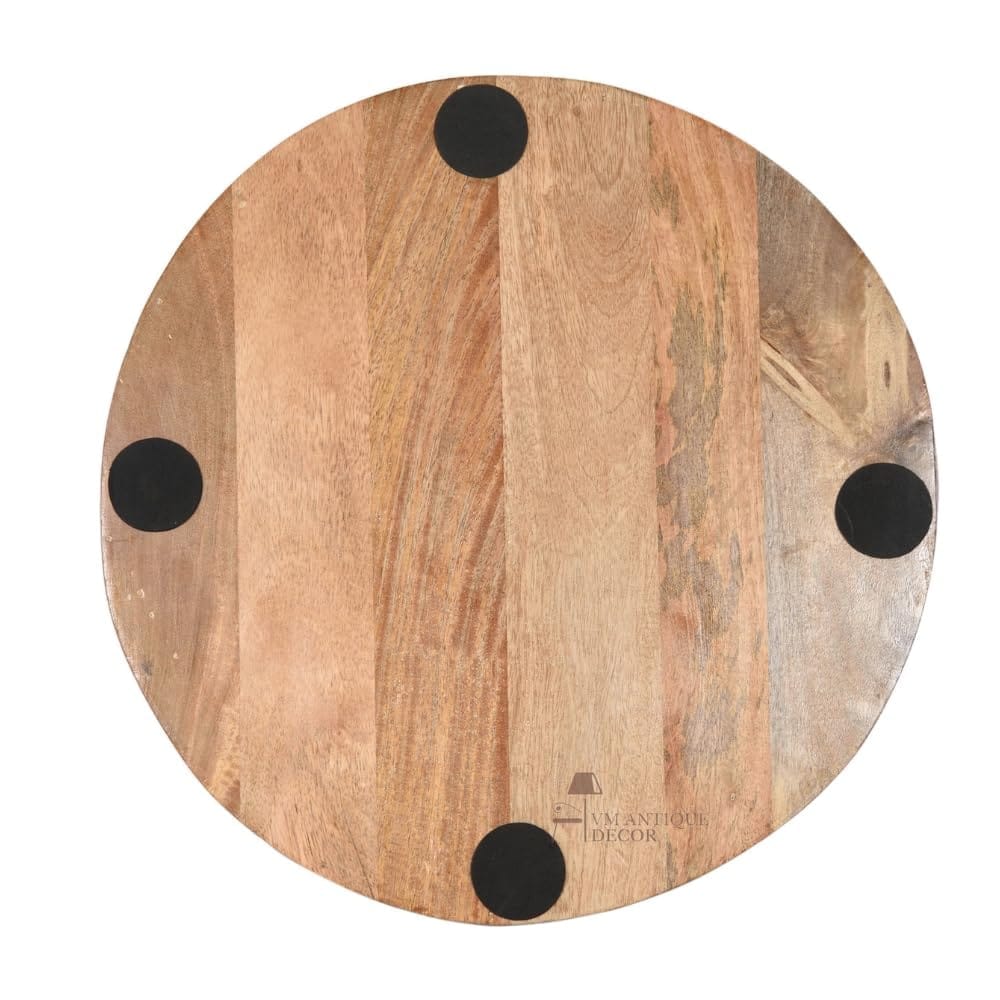 Handcrafted Wooden Round Metal Serving Tray with Intricate Carving, Rustic Design