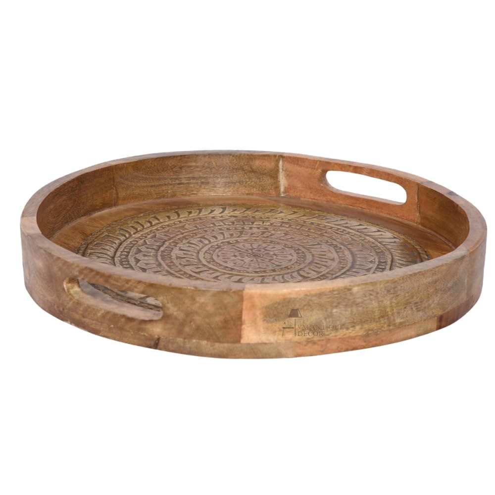 Handcrafted Wooden Round Metal Serving Tray with Intricate Carving, Rustic Design