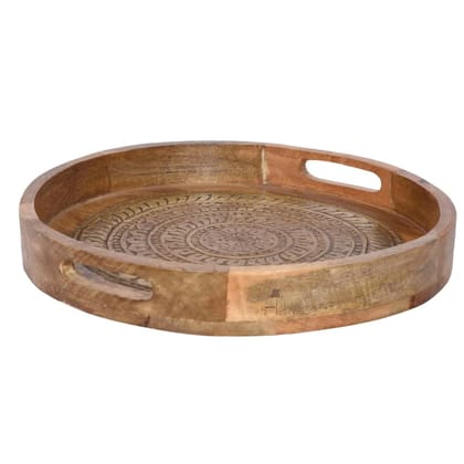 Handcrafted Wooden Round Metal Serving Tray with Intricate Carving, Rustic Design Handcrafted Wooden Round Metal Serving Tray with Intricate Carving, Rustic Design