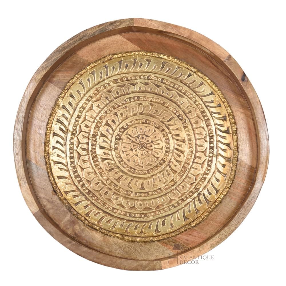 Handcrafted Wooden Round Metal Serving Tray with Intricate Carving, Rustic Design